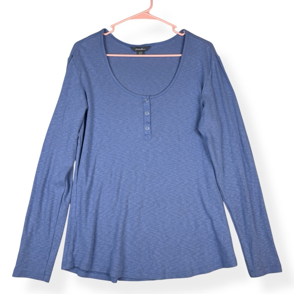Eddie Bauer Womens Soft Ribbed Long Sleeve Scoop Snap Henley Top Womens XL Blue